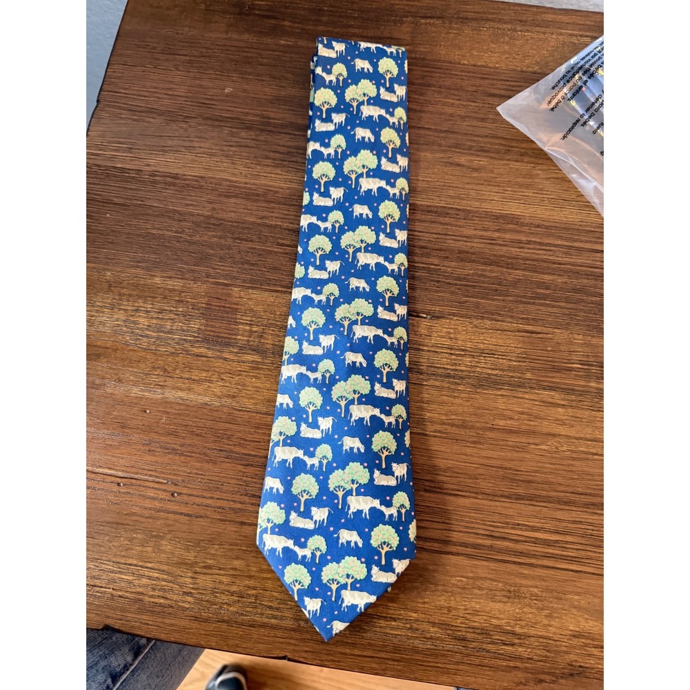 Hermes Paris Mens Silk Tie Navy Blue Cow Tree Pastoral Pattern 7527 IA France